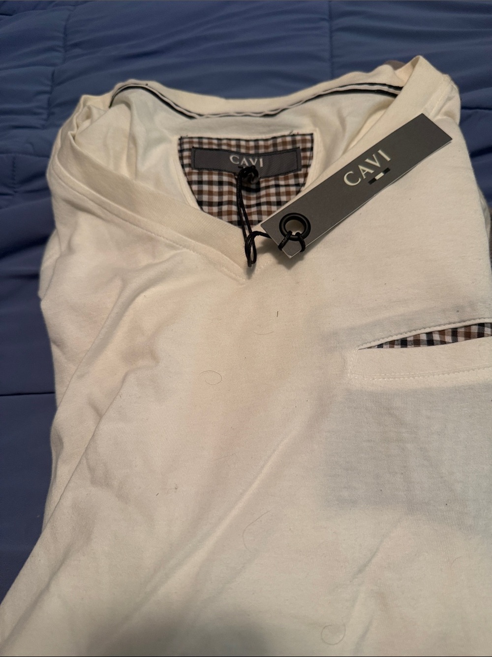 CAVI Men’s White V-Neck Polo with Chest Pocket Trim